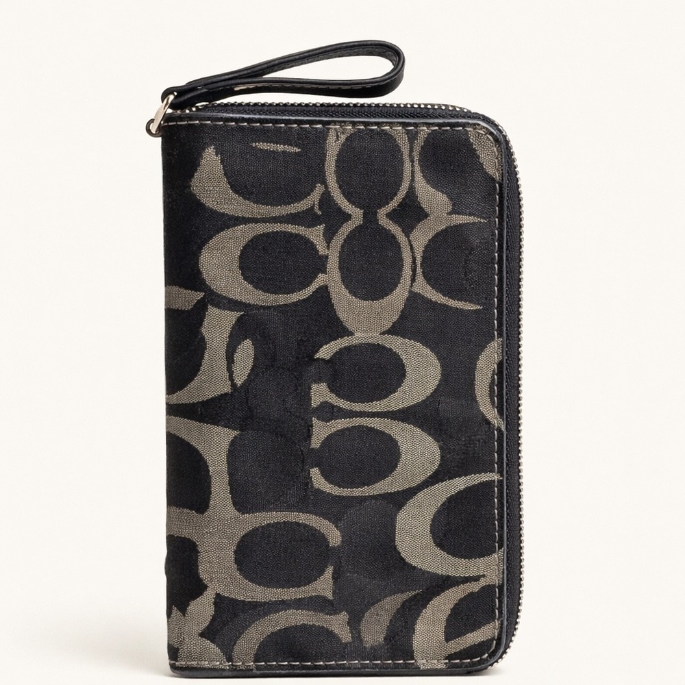 Coach Black Signature C Jacquard Zip Around Wallet Wristlet Leather Trim